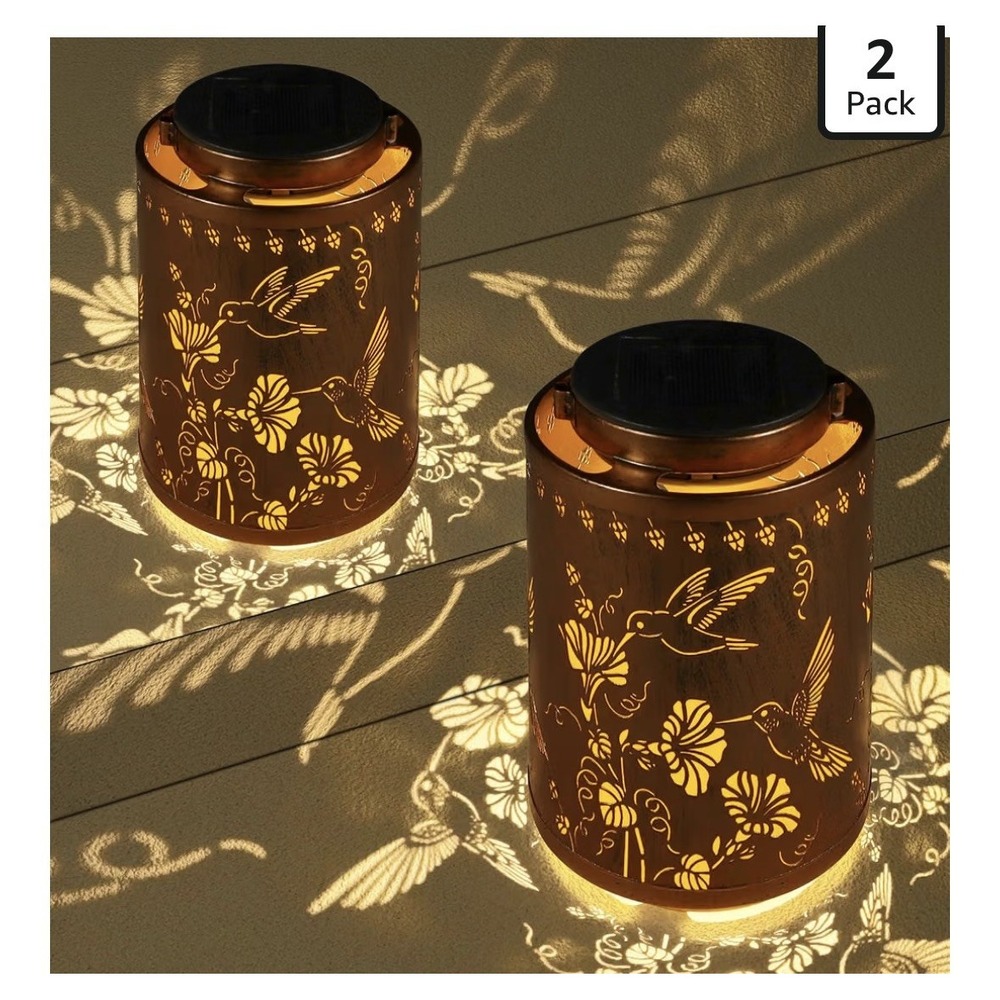 2-Pack Solar Powered Copper Metal Cylinder Lanterns w/ Built-In LED, Tabletop[A4
